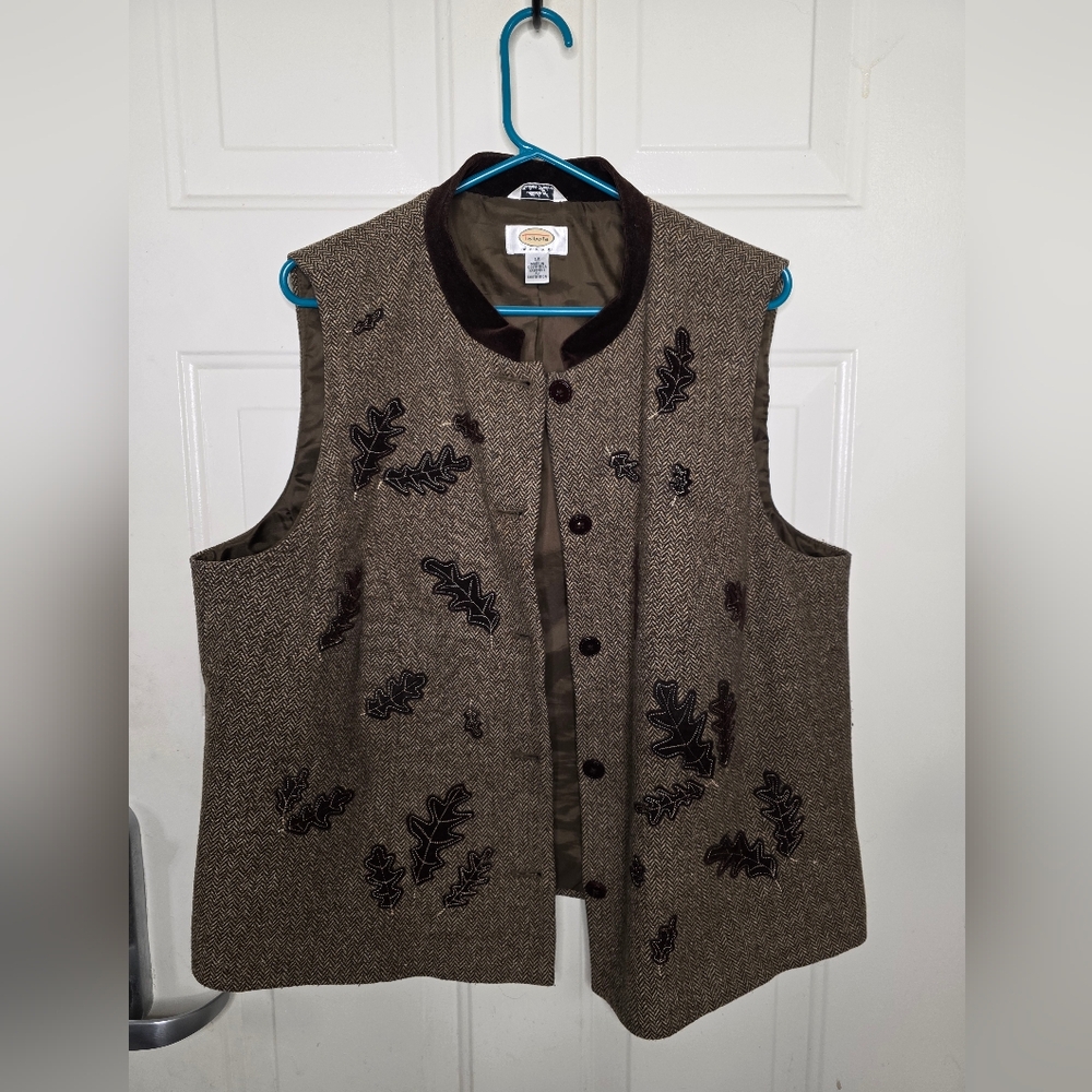 Vintage Talbots Tweed Vest – Leaf Appliqué – Women’s Size 1X